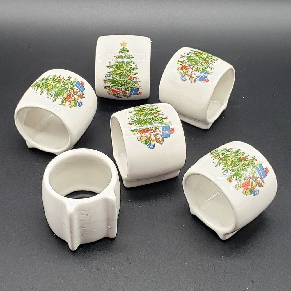 Set of 6 Signed 1984 Traditional Christmas Tree Ceramic Napkin Holders